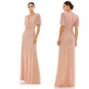 NWT Mac Duggal Blush Pink Flutter Sleeve Embellished Sequin Gown 35109